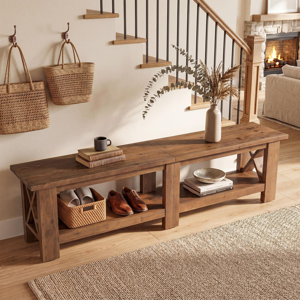 TRIBEWOOD 70.87" Solid Wood Entryway Shoe Bench, Extra Long Storage Bench