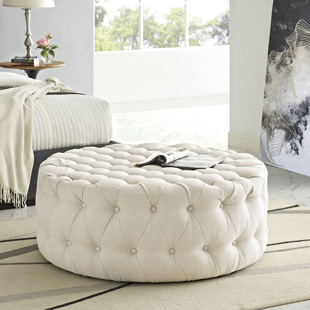 Round Tufted Fabric Ottoman