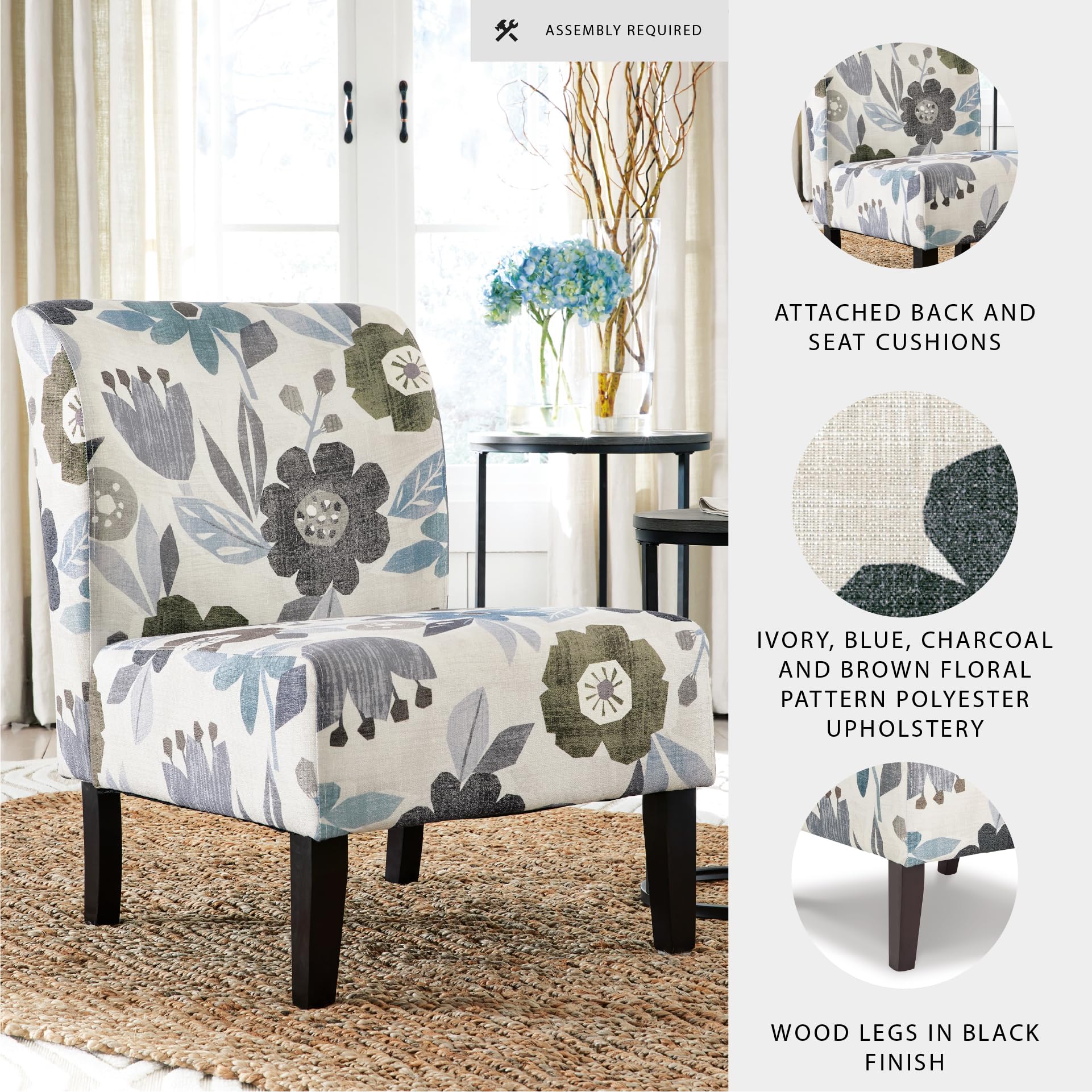 Floral Armless Accent Chair – White, Blue & Gray