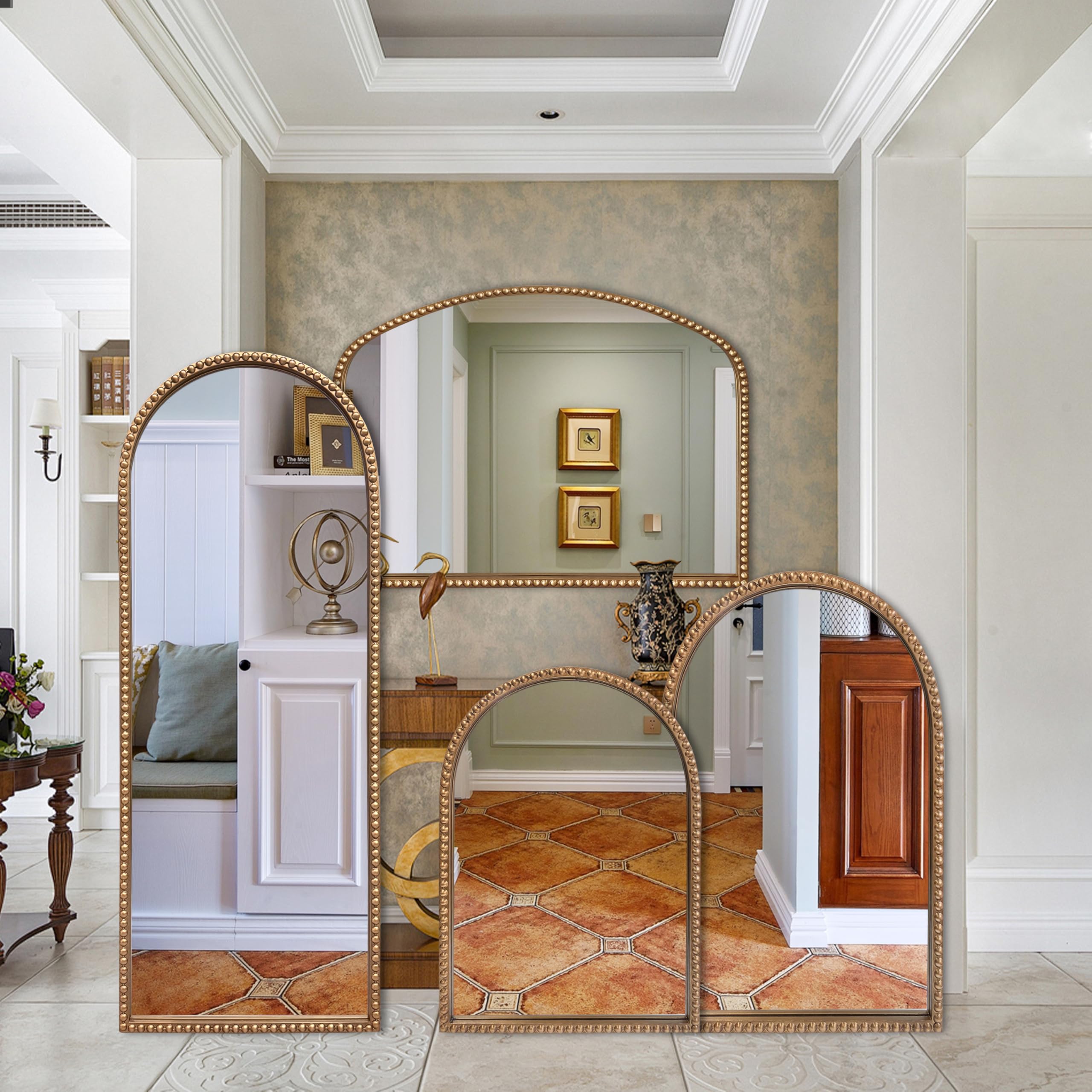 Gold Arch Full Length Wall Mirror with Antique Beaded Frame