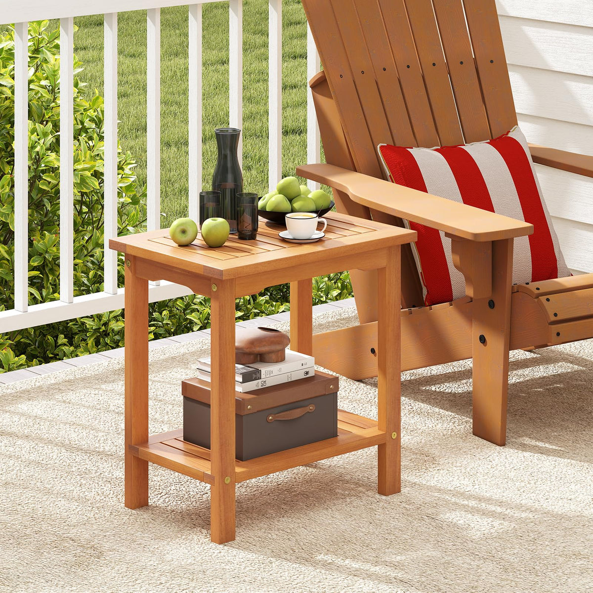 Tangkula Outdoor Side Table, 2-Tier Patio End Table with Slatted Tabletop & Storage Shelf, Acacia Wood Accent Bistro Table for Backyard, Poolside, Garden, Indoor, Natural (2)