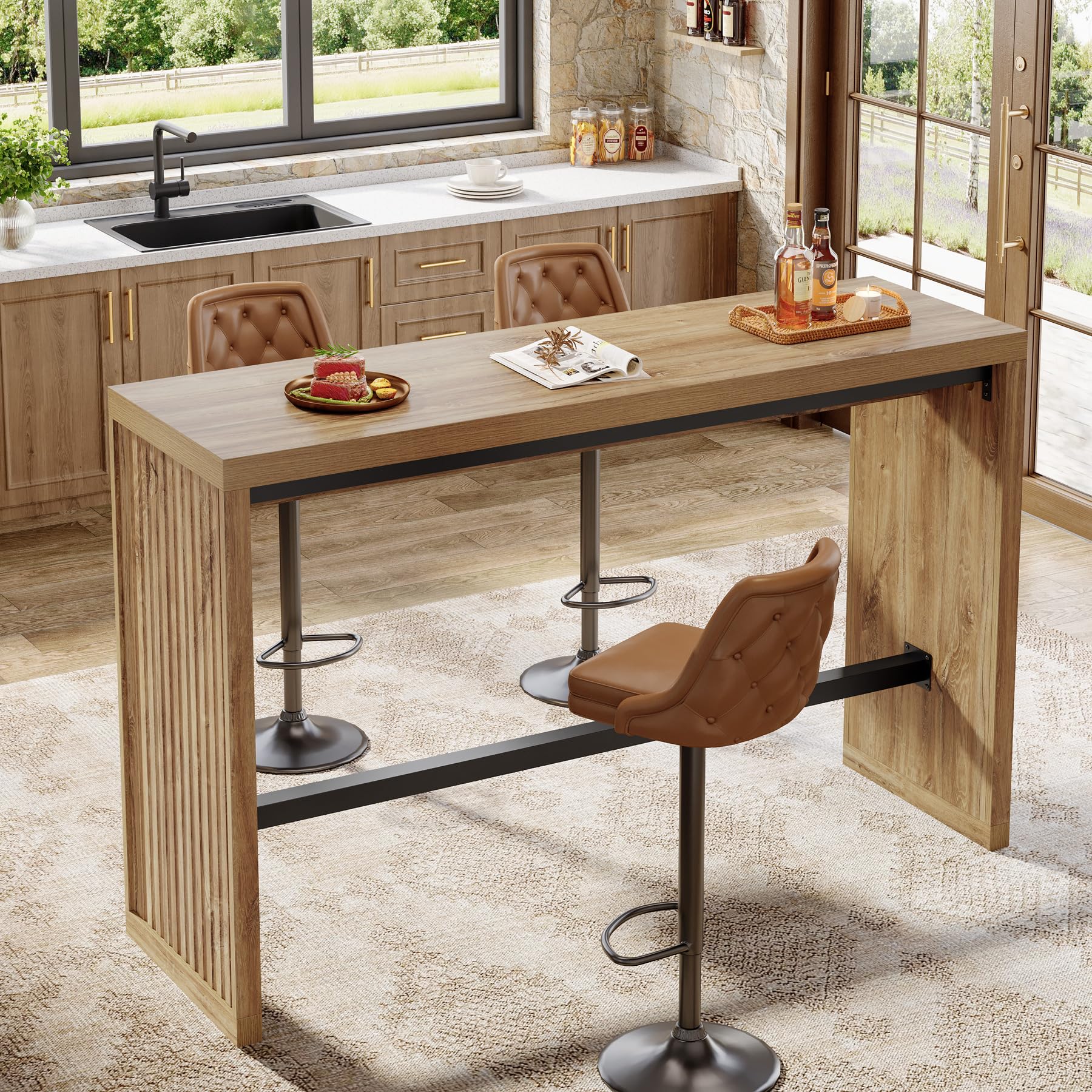Tribesigns Bar Table, 55-Inch Counter Height Pub Table with Metal Footrest, Rectangular High Top Counter Dining Furniture for Home Bar, Kitchen, Dining Room, Bistro, Living Room, Rustic Brown