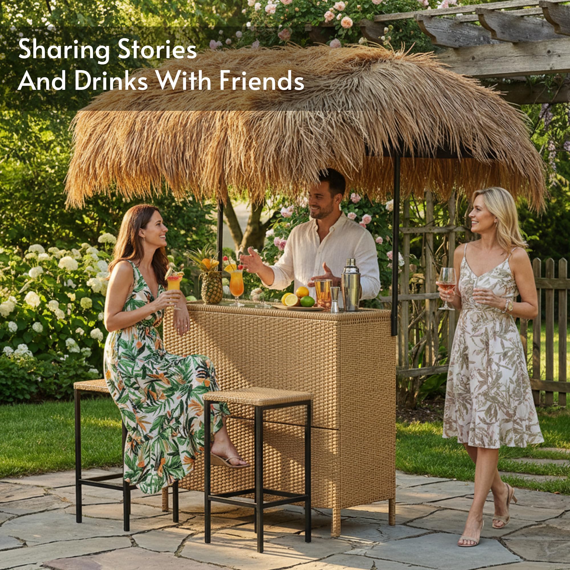 Rotihom Outdoor Tiki Bar Set with Widen Hula Thatched Shade(48" L), 3-Piece Wicker Outside Tiki Bars with 2 Stools, Hawaiian Style Beach Outside Bars for Patio, Garden, Poolside, Backyard