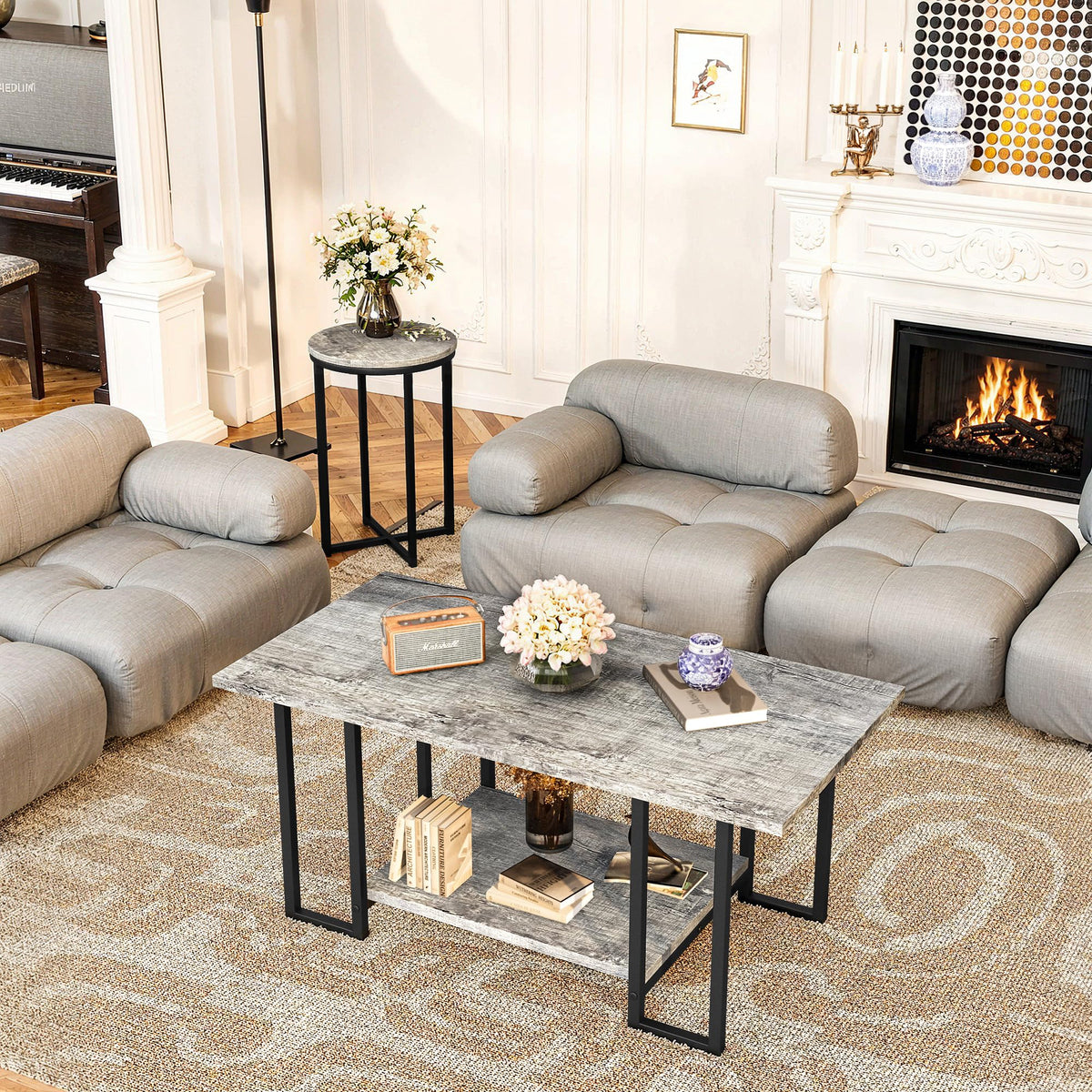 Lamerge 3 Pieces Living Room Table Set, Coffee Table with 2 Round End Side Tables, Coffee Table Set with Metal Frame for Apartment Home Office, Grey&Black