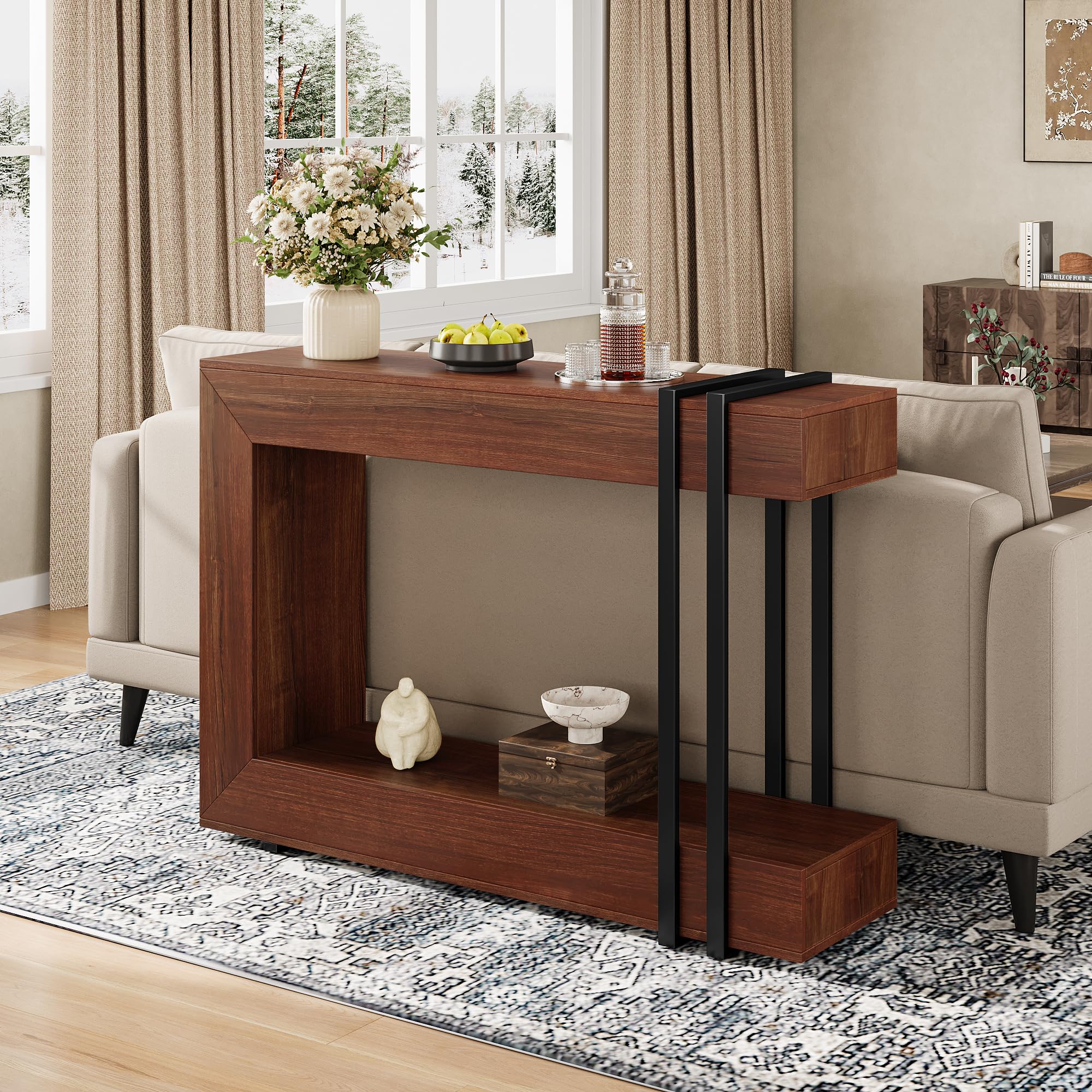 Einhomn 42.5" Console Table Behind Couch, 2-Tier Narrow Entryway Table with Storage, Wood Sofa Tables for Entrance/Hallway/Living Room/Foyer, Walnut Brown
