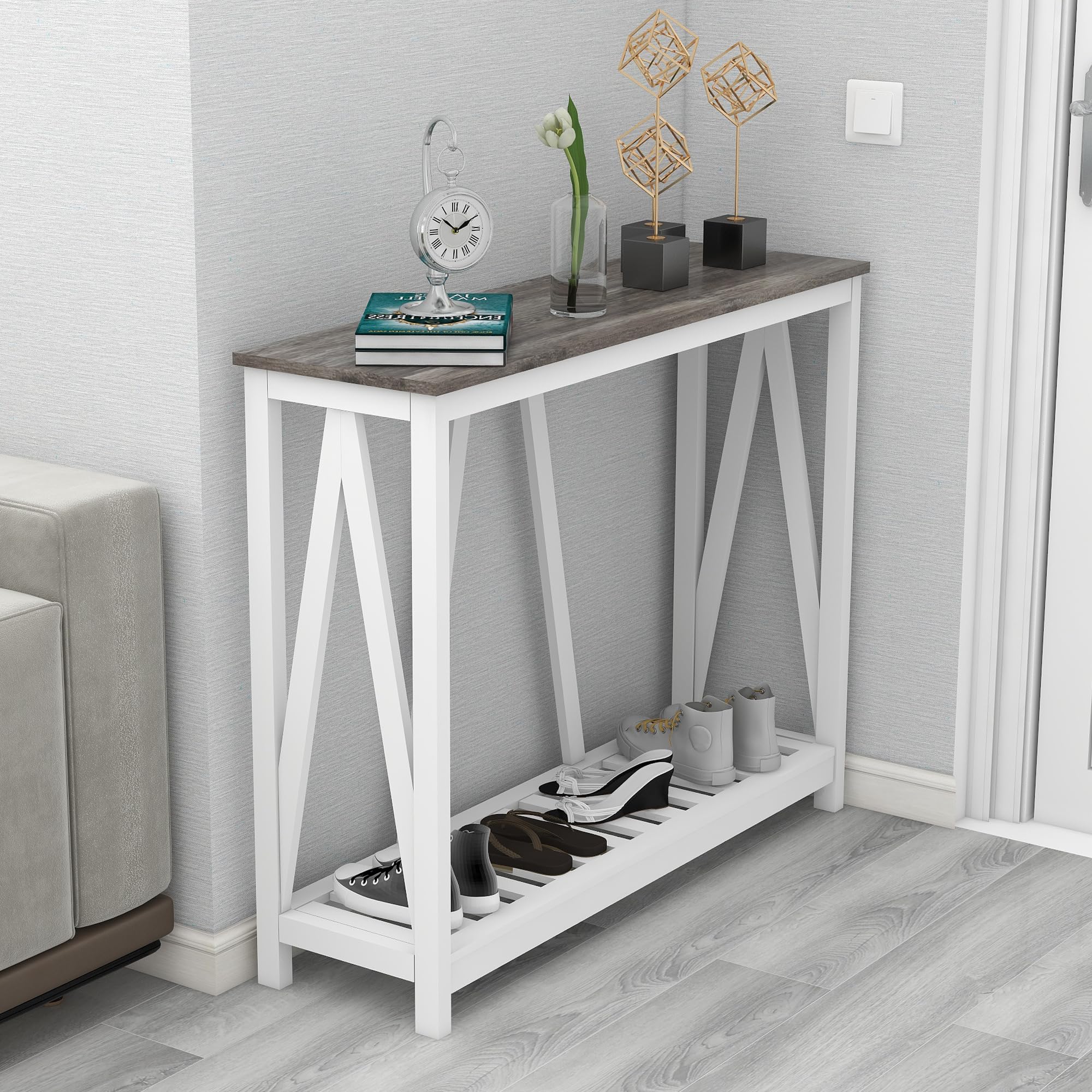 UYIHOME Farmhouse Console Table for Entryway, 39.3 Inch Sofa Table with Storage Shelf, Hallway Table, Narrow Behind Couch Table for Foyer, Living Room，Oak Grey