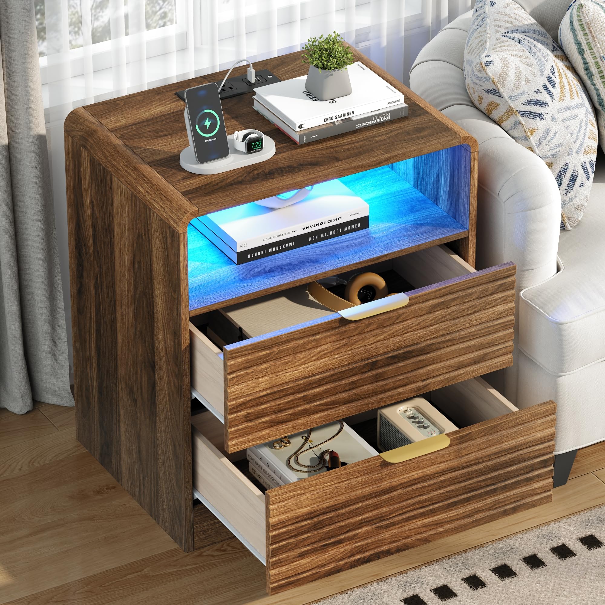 Fluted Nightstand with Charging Station & LED Lights