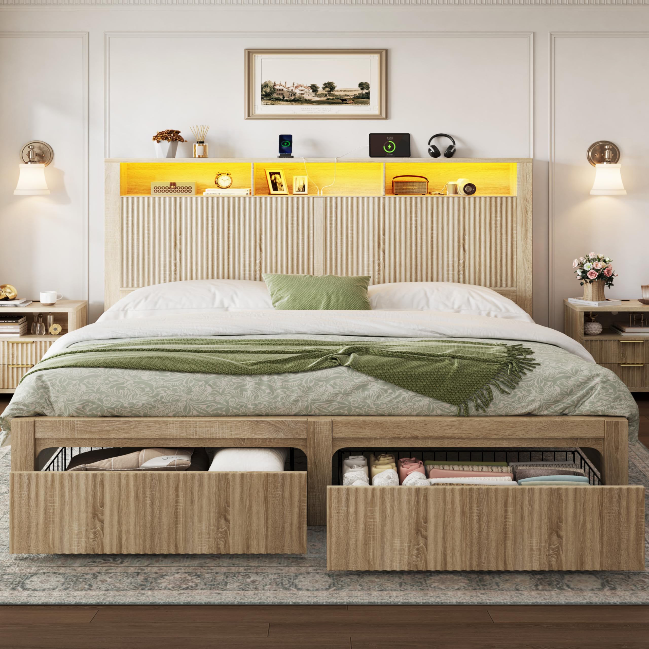 King Size Bed Frame with Storage Drawers, LED Lights & Charging Port
