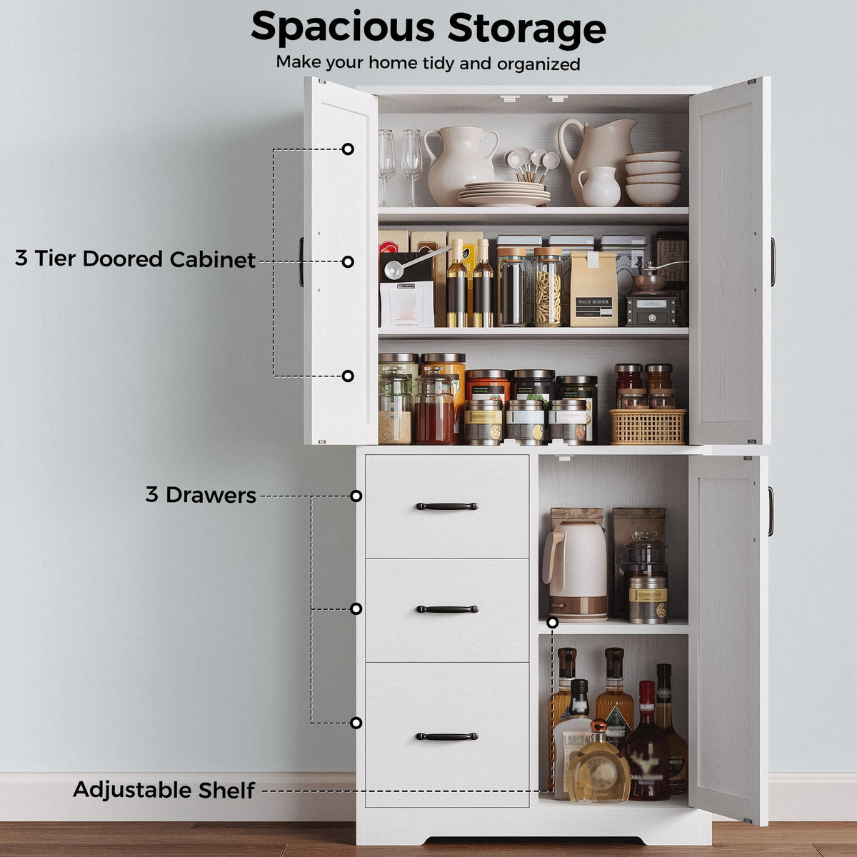 IRONCK Pantry Cabinet, Kitchen Storage Cabinet with 3 Door & Drawer, White