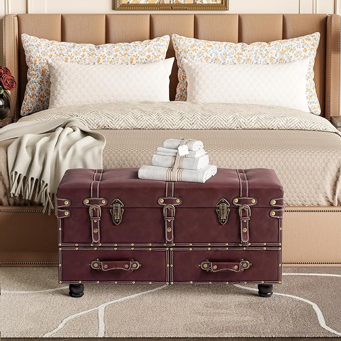 Vintage Faux Leather Storage Ottoman Bench