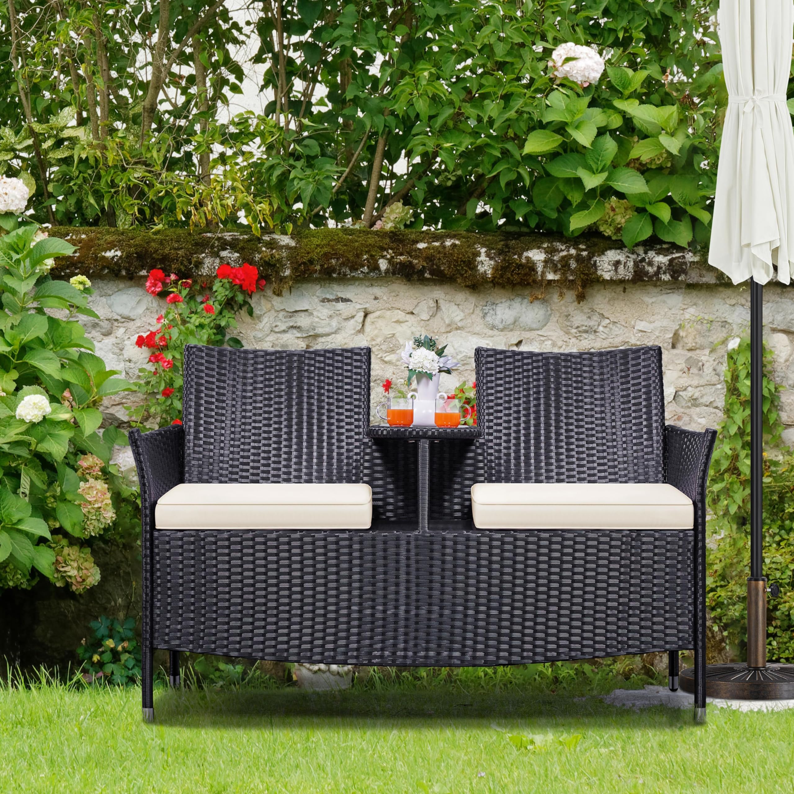 Outdoor PE Rattan Loveseat with Side Table & Cushions