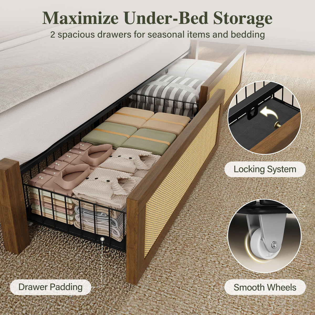 Belffin King Size Rattan Bed Frame with 2 Storage Drawers, Wood Bed, Brown