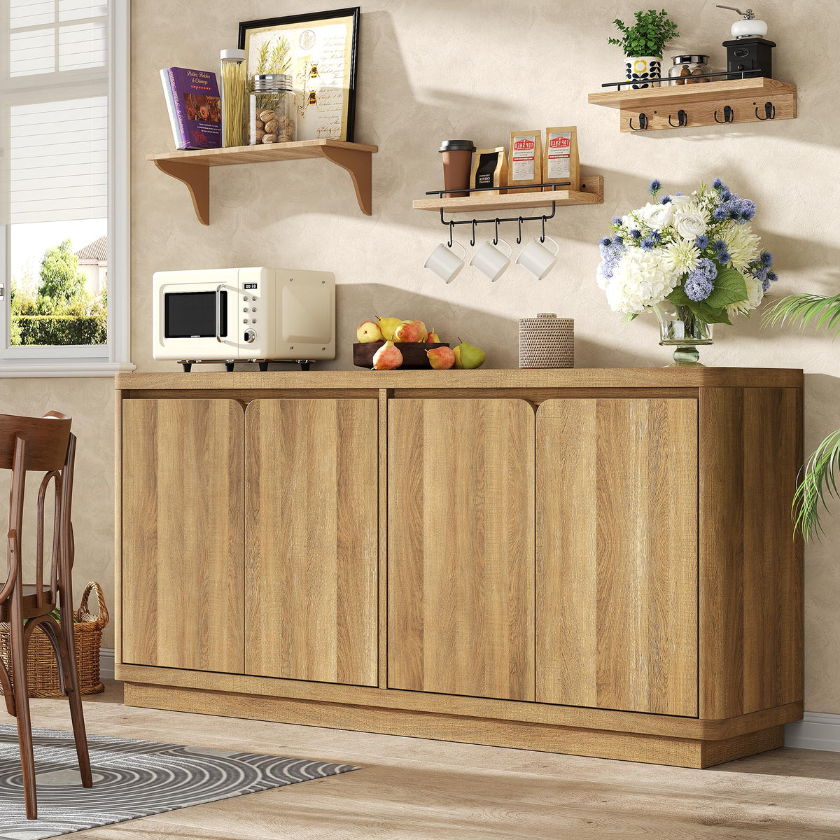 knoworld 63" Buffet Cabinet with Storage & Power Outlet, Wood Sideboard Credenza with Double-Arc Doors, Modern Coffee Bar Console Table for Kitchen Dining Room, Natural