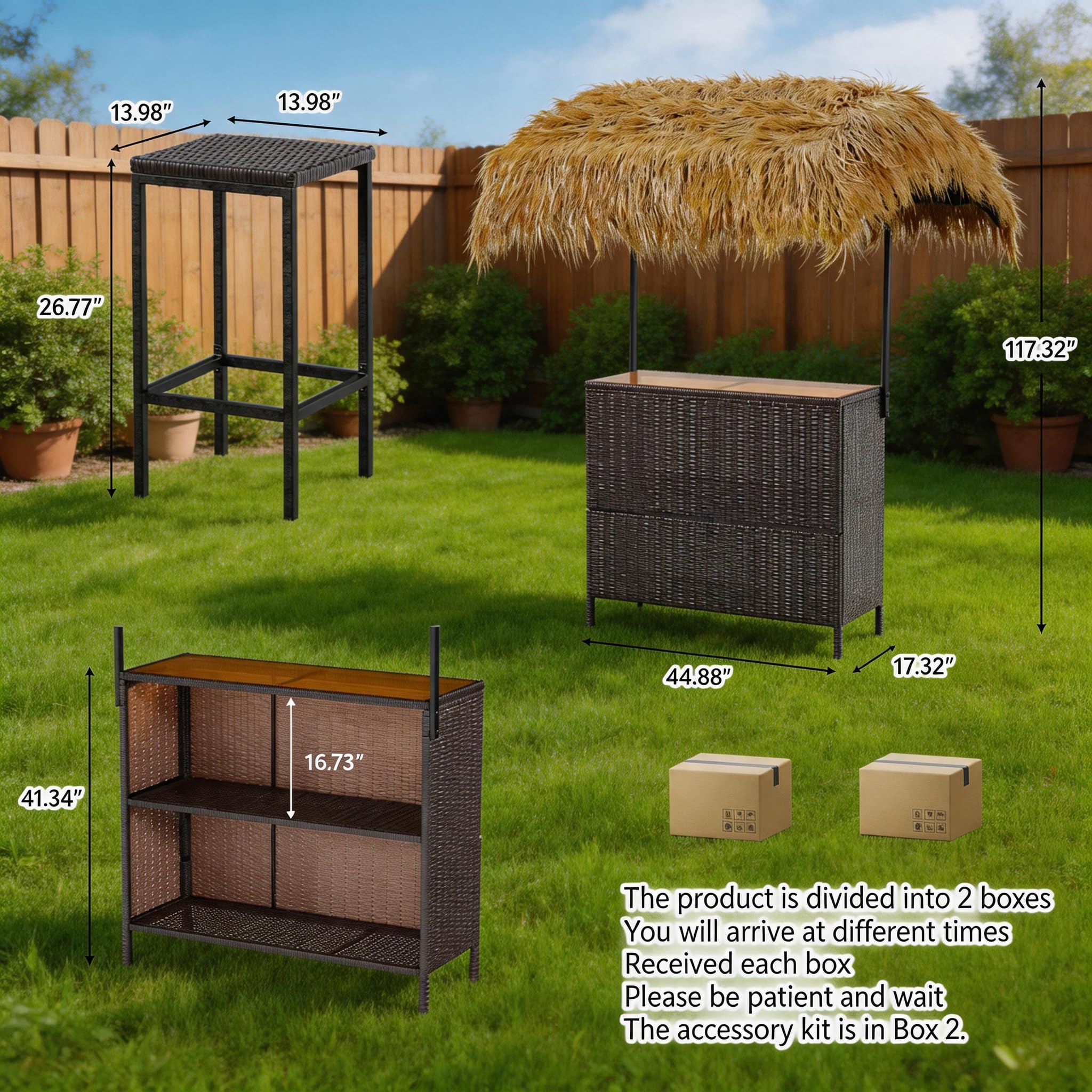LYNSLIM Outdoor Tiki Bar Set, Phuket Outdoor Patio Wicker Islander, 43" W Tempered Glass Top, Outside Patio Bar with Adjustable Double-Layer Soft-Top Sunshade & Grill Gazebo Shelter