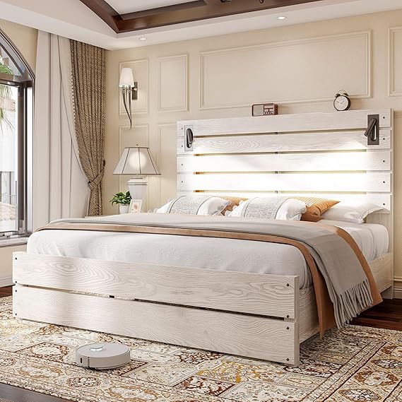 Farmhouse Platform Bed Frame with LED Headboard