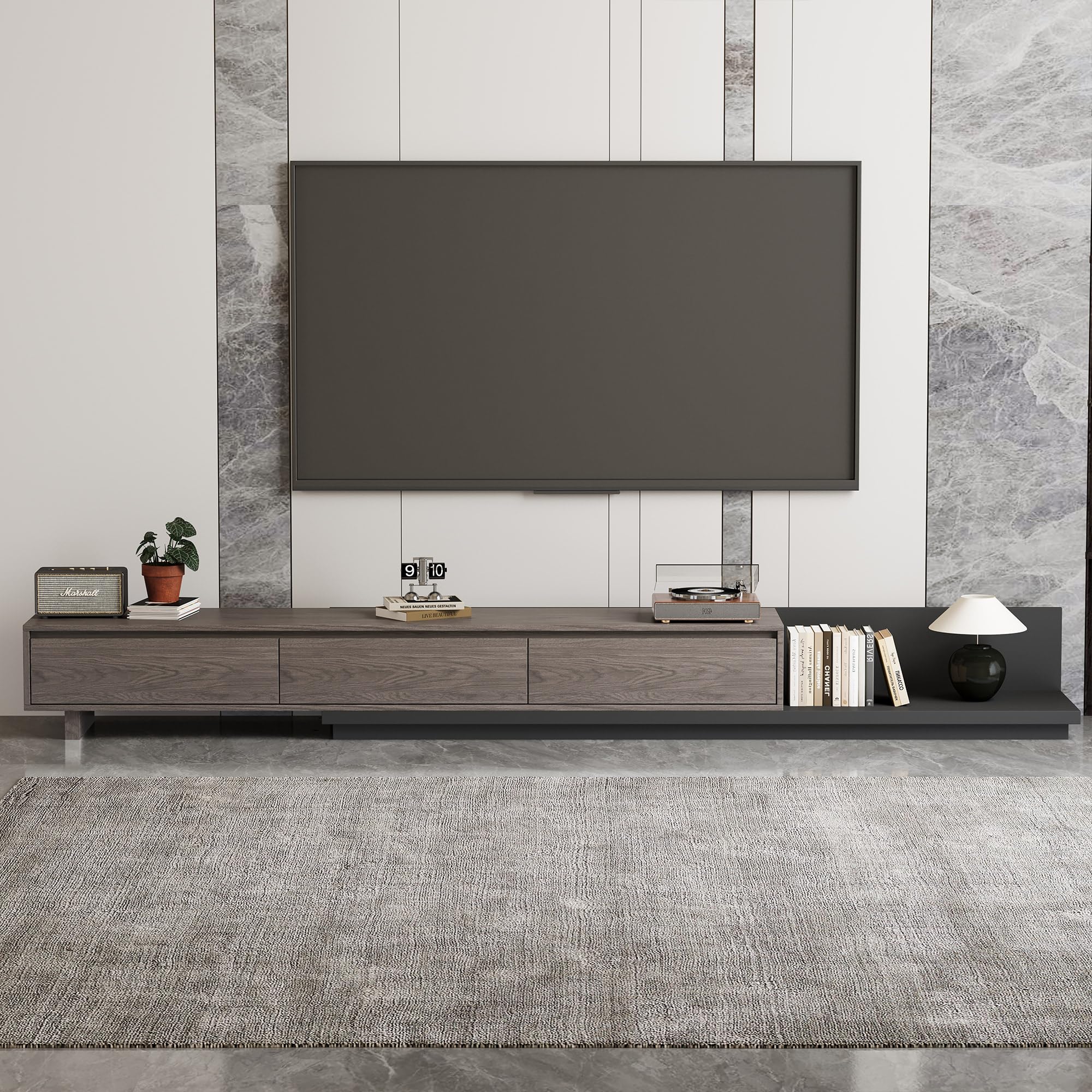 gaoyangjiaju Mid-Century Modern Extendable TV Stand with Ample Storage for Living Room – Adjustable TV Cabinet from 78.7" to 130", 3-Drawer Entertainment Center, Black Walnut