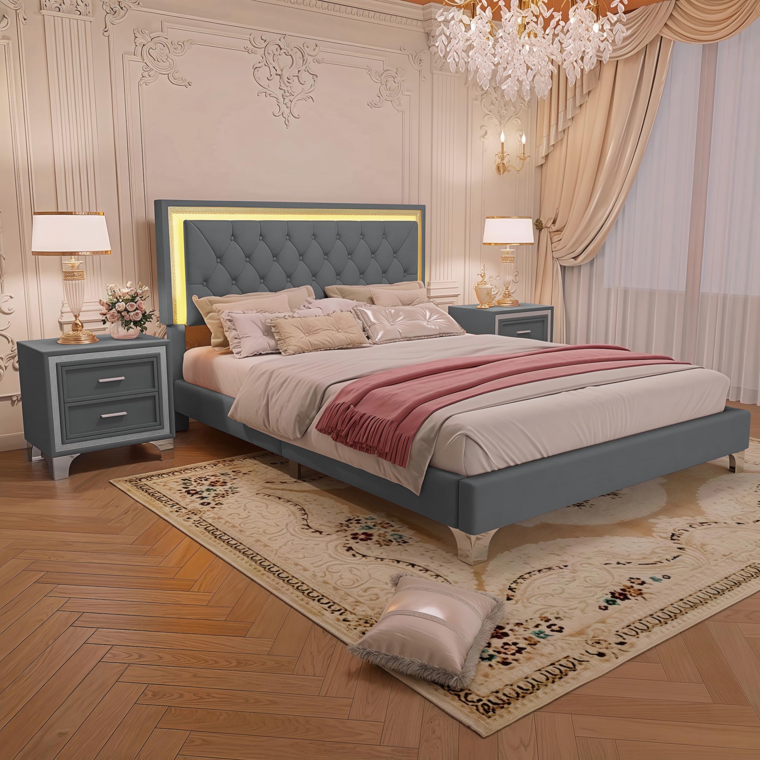 Queen Upholstered Platform Bed with LED & 2 Nightstands