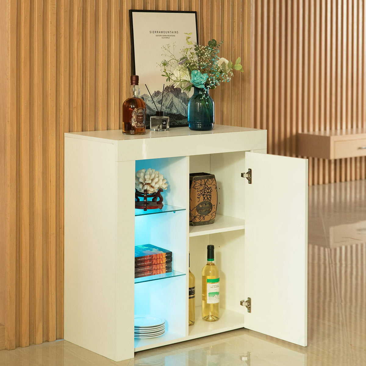Basicwise Sideboard Buffet with 5 Storage Shelves - White, LED Light with USB Plug in, High Gloss Doors, 29.5" W x 13.75" D x 32.75" H - Modern, for Dining Room, Office, Organizer Cabinet