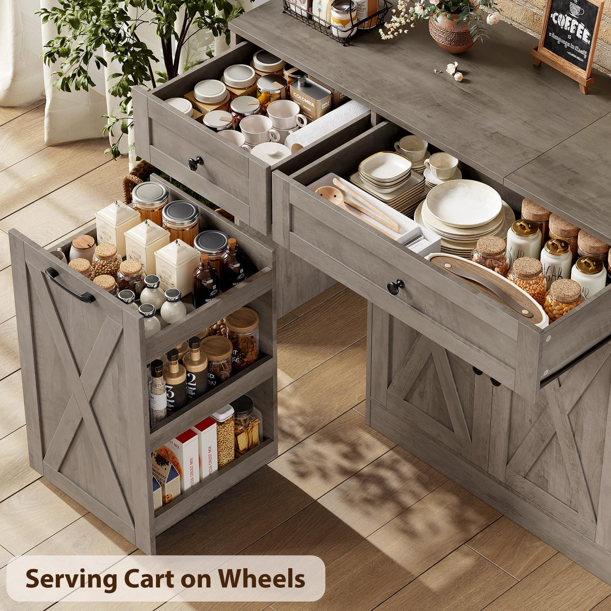 HOSTACK 59" W Kitchen Buffet Cabinet with Storage, Coffee Bar Cabinet, Grey