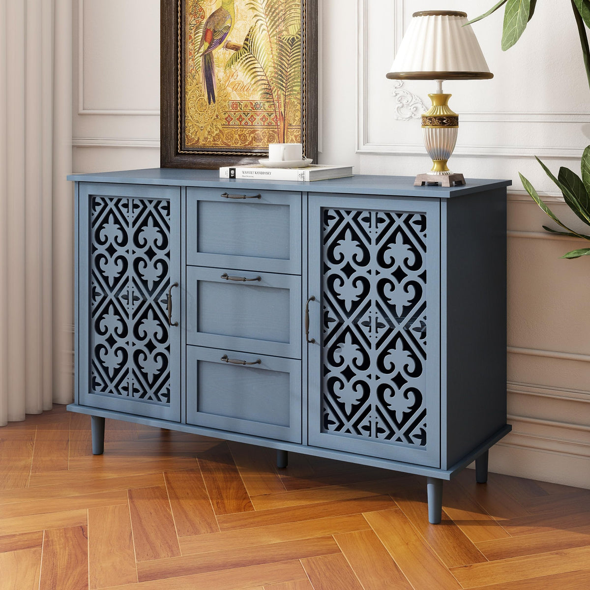 YHAOWORKS Sideboard Buffet Cabinet with Storage - Accent Storage Cabinet American Furniture, Modern 2 Door 3 Drawer Cabinet, Farmhouse Wood Credenza for Kitchen, Dining Room, Entryway (Blue)
