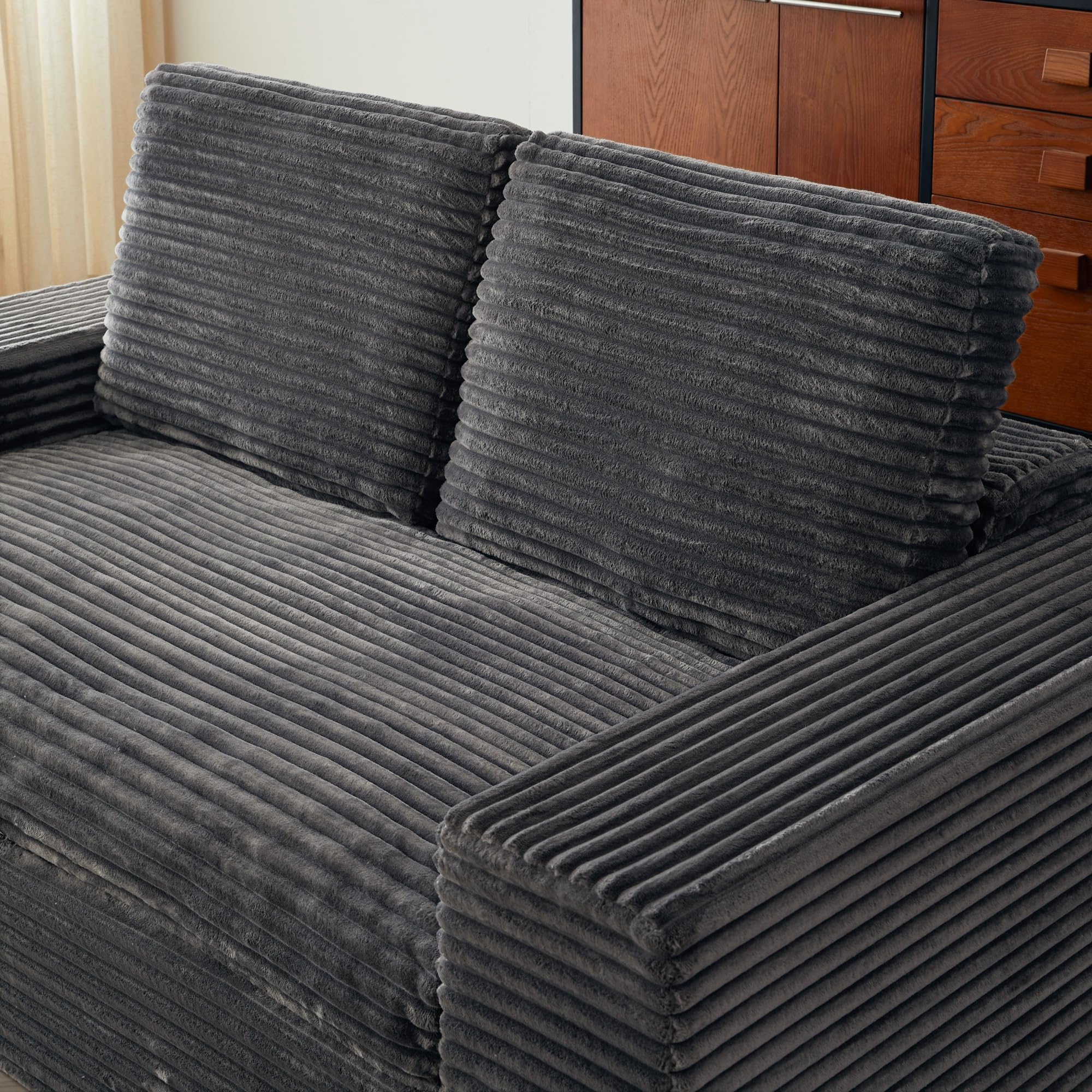75" Fluffy Corduroy Boneless Couch Cloud Loveseat with Wide Armrest, Upholstered Floor Sofa in A Box, No Assembly Required, Sleeper Sofa for Small Compact Living Room,Office,Apartment (Grey)