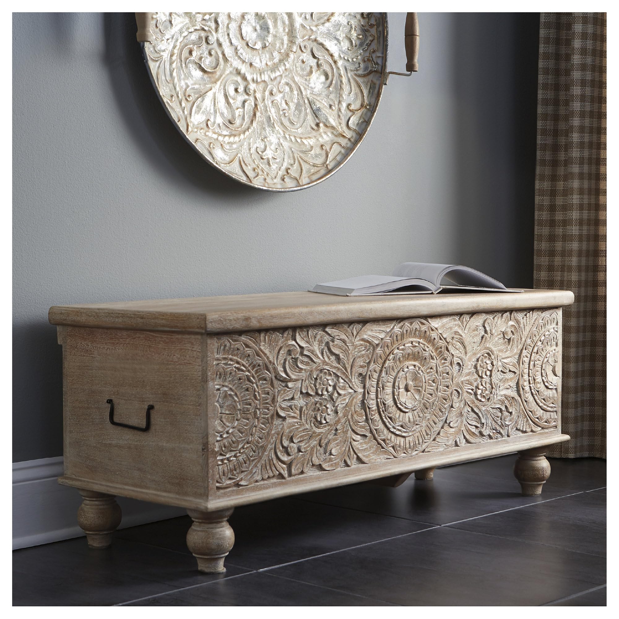 Boho Carved Wood Storage Bench with Hinged Top