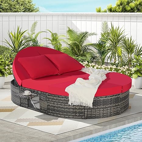 Outdoor Rattan Daybed with Adjustable Backrest & Cushions