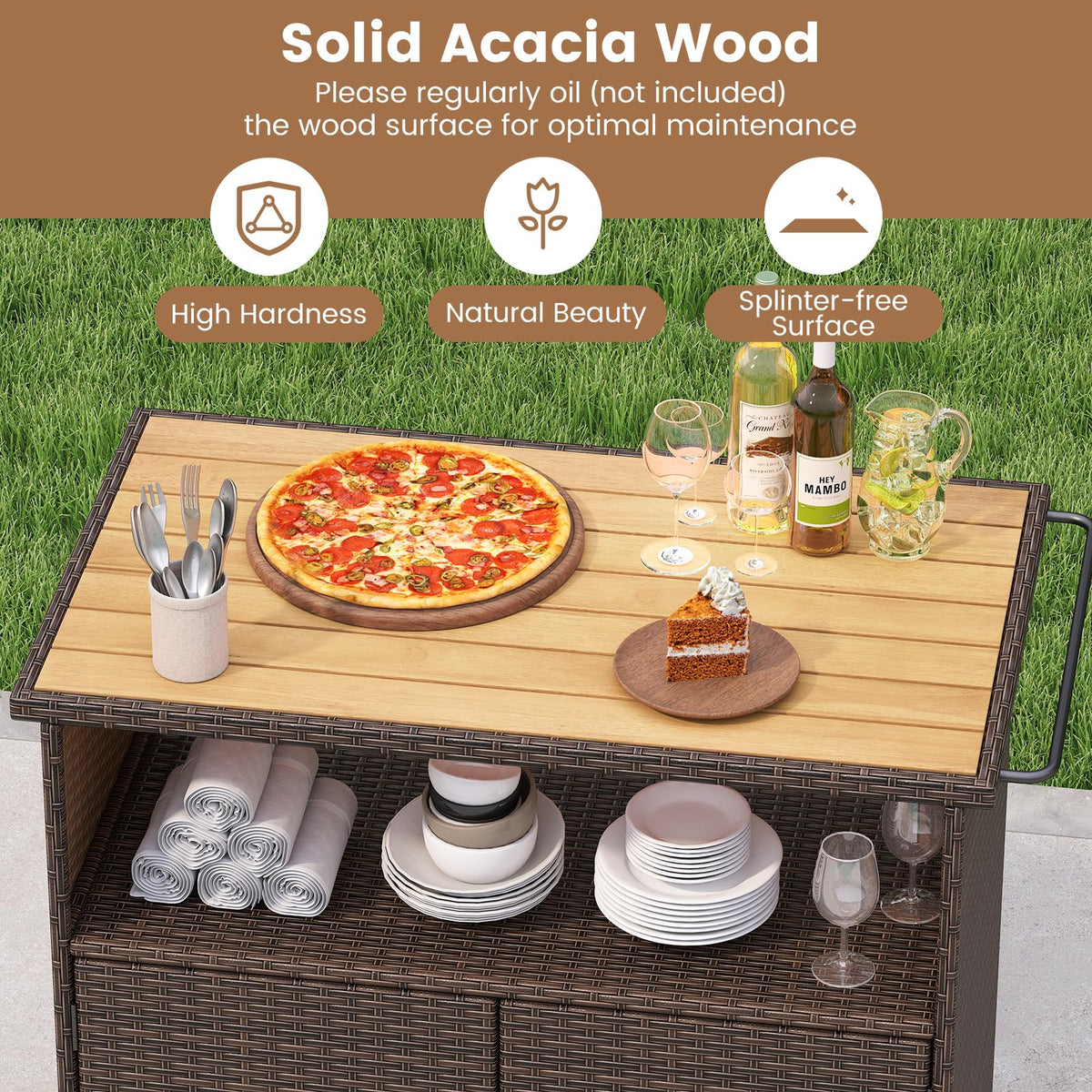 LDAILY Outdoor Storage Cabinet with 4 Wheels, Wicker Buffet Cabinet with Acacia Wood Countertop, Open Compartment & 2-Door Shelf, PE Rattan Bar Cart for Garden, Kitchen & Backyard