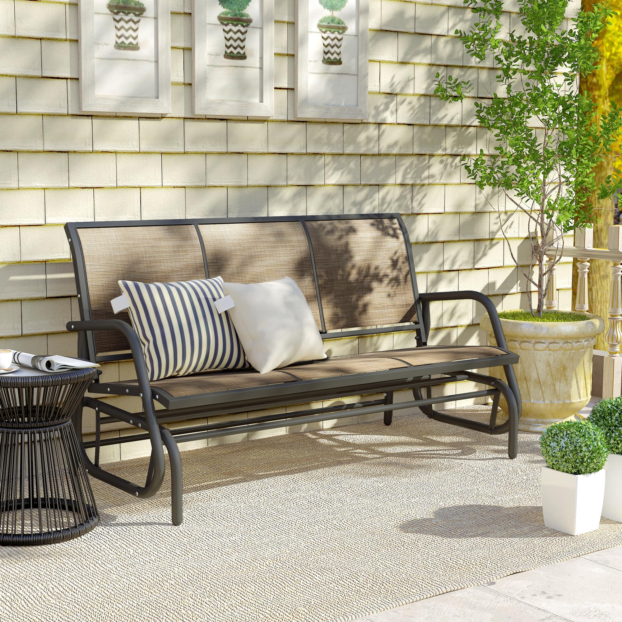 Outsunny 3-Person Patio Glider Bench, Outdoor Porch Glider Swing with 3 Seats, Breathable Mesh Fabric, Metal Frame, Light Mixed Brown