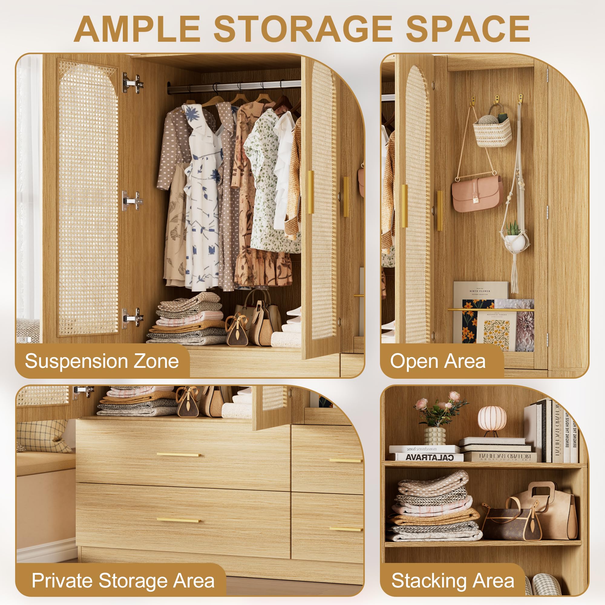 3-Door Rattan Wardrobe Closet with Mirror & Drawers