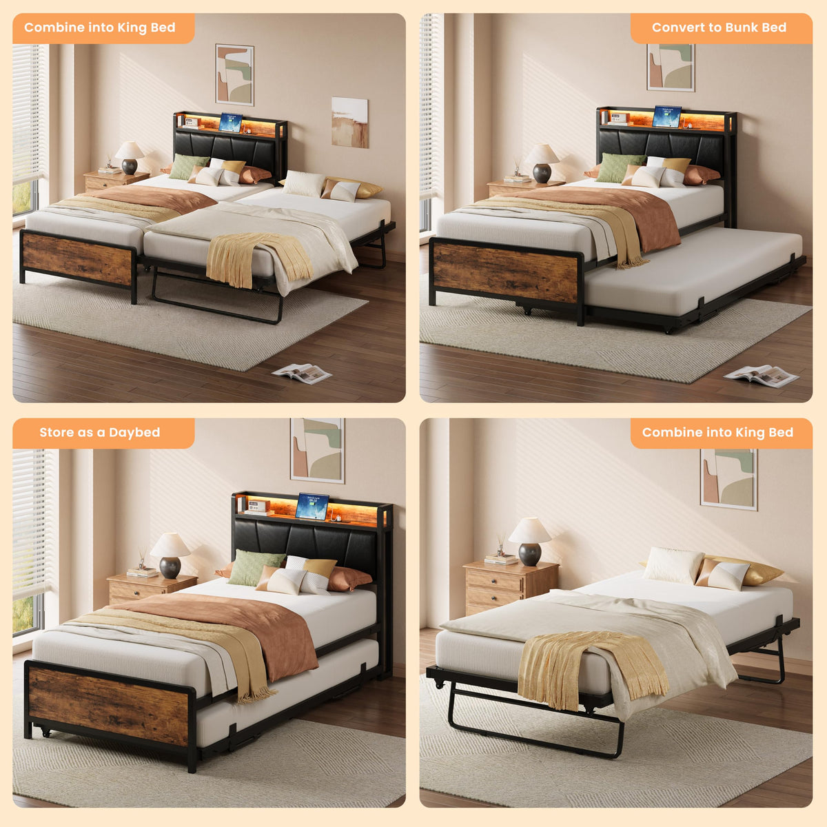 LIKIMIO Twin Daybed with Trundle Bed, Convertible to King, Lights, Charging