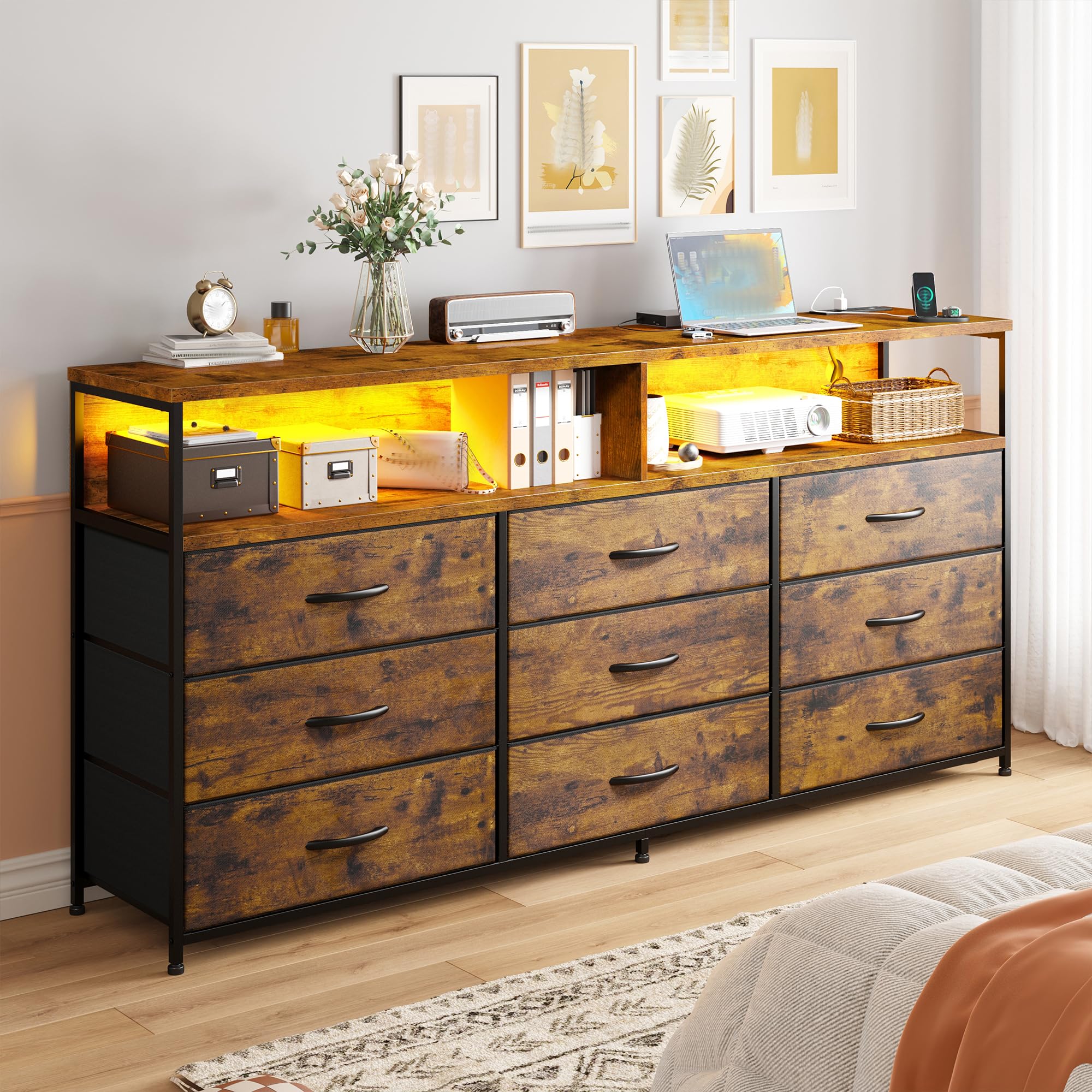 EnHomee 55" W Dresser for Bedroom with Charging Station & LED, 65/55 Inch TV Stand with 9 Fabric Drawers, Sturdy Dressers & Chest of Drawers with 2 Wood Storage Open Shelves,Entryway, Rustic Brown