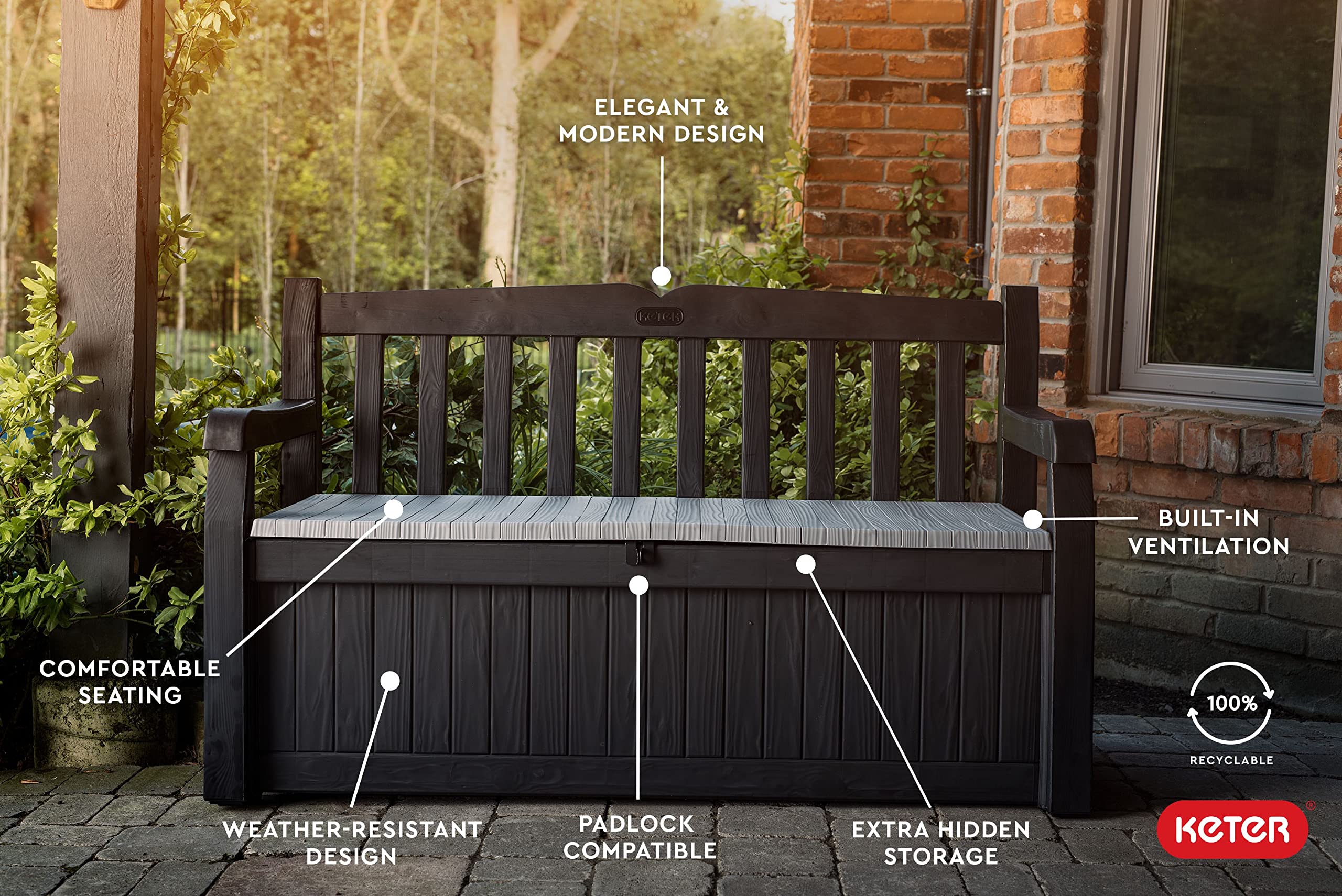 70-Gallon Outdoor Resin Storage Bench Deck Box | Seats 2-3