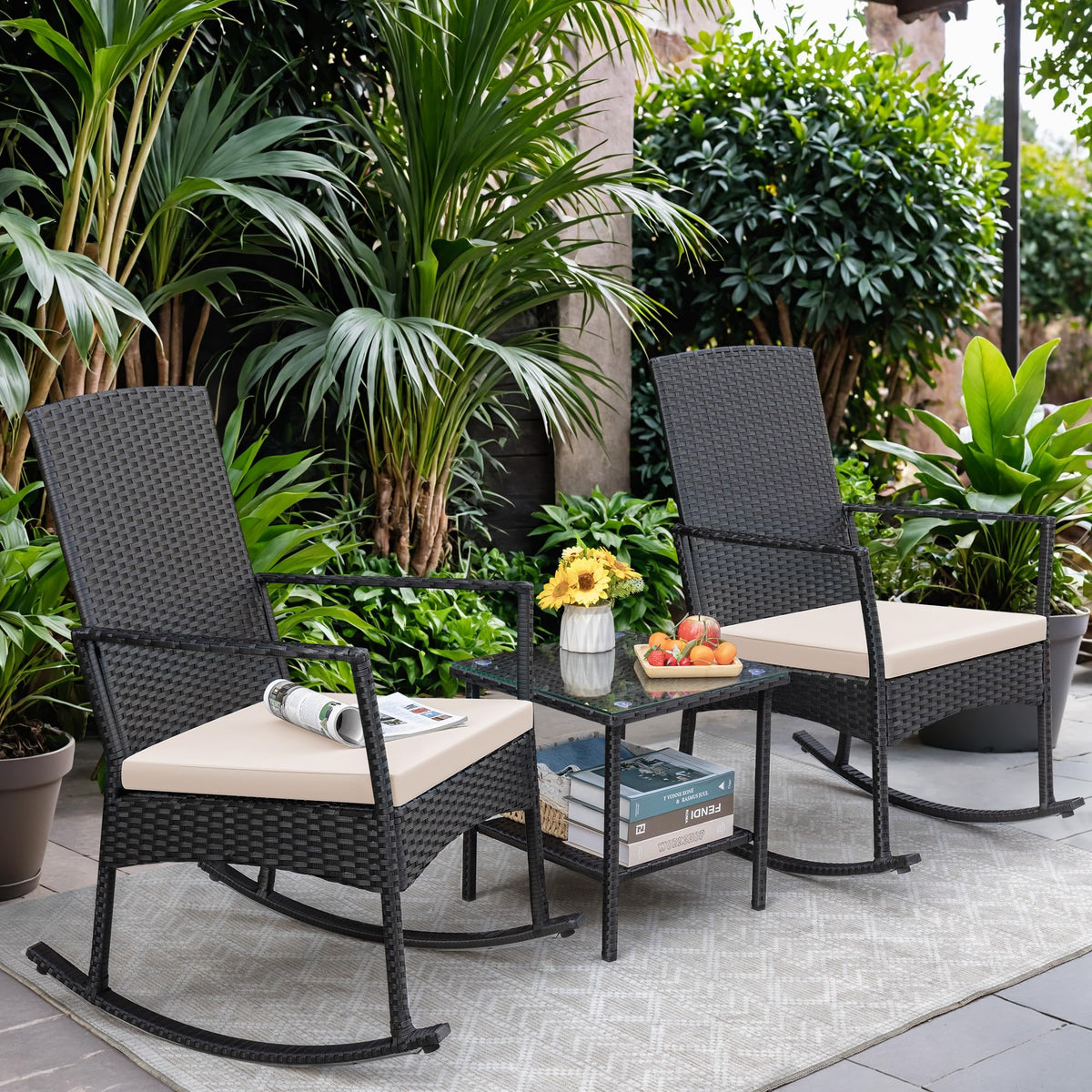 Greesum 3 Pieces Patio Furniture Set Outdoor Wicker Rocking Chairs,Beige