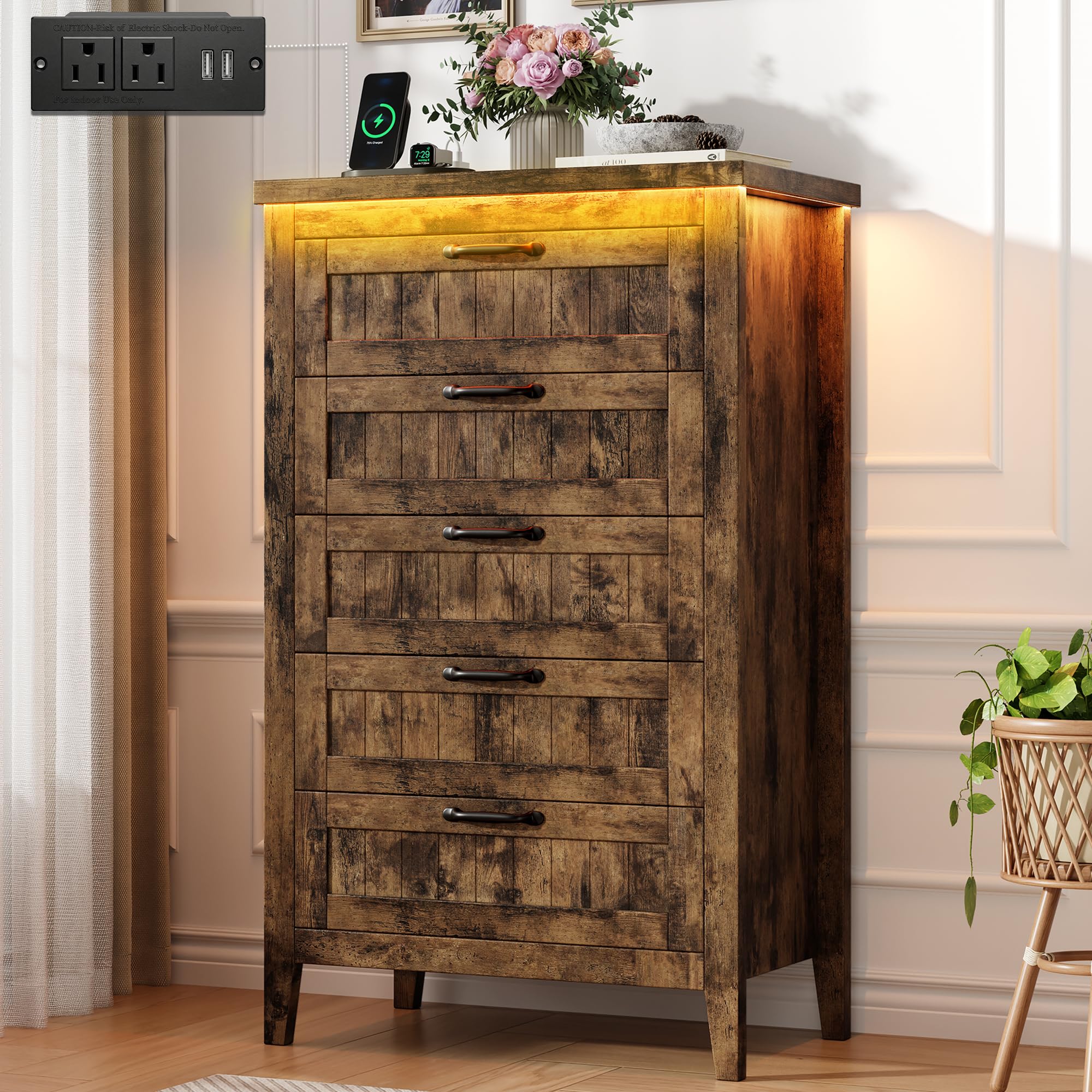 GarveeHome Farmhouse Tall 5 Drawer Dresser with Charging Station & LED Lights, Slim Wooden Bedroom Dresser, Rustic Chest of Drawers Clothes Storage Organizer for Closet Dorm Apartments, Retro