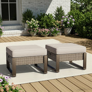 Joyside Outdoor Patio, All-Weather PE Rattan Ottomans Footstools with Removable Cushions & Anti-Rust Wood-Looking Legs for Garden, Backyard, Porch, Deck (Beige)
