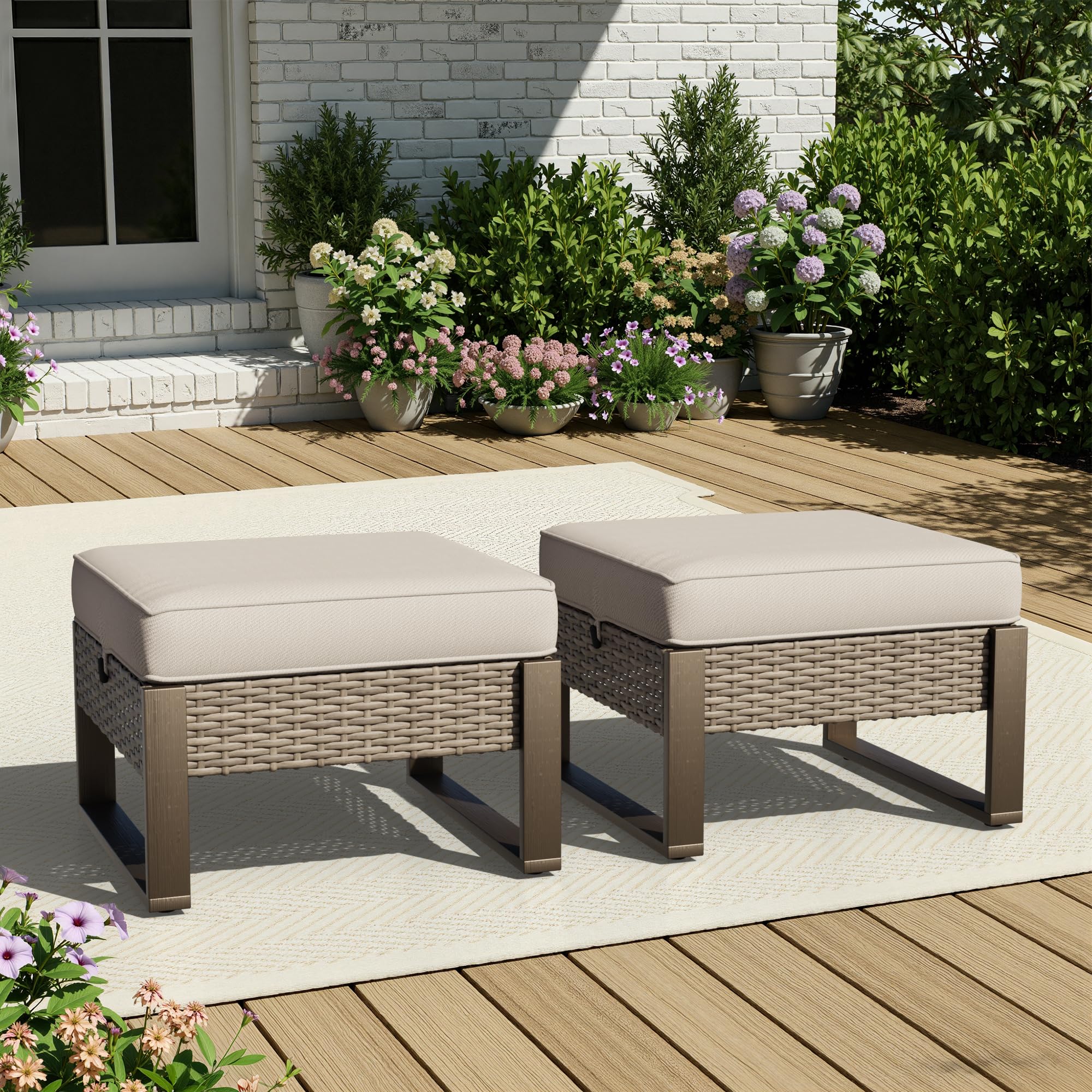 PE Rattan Outdoor Ottoman with Cushion – Beige