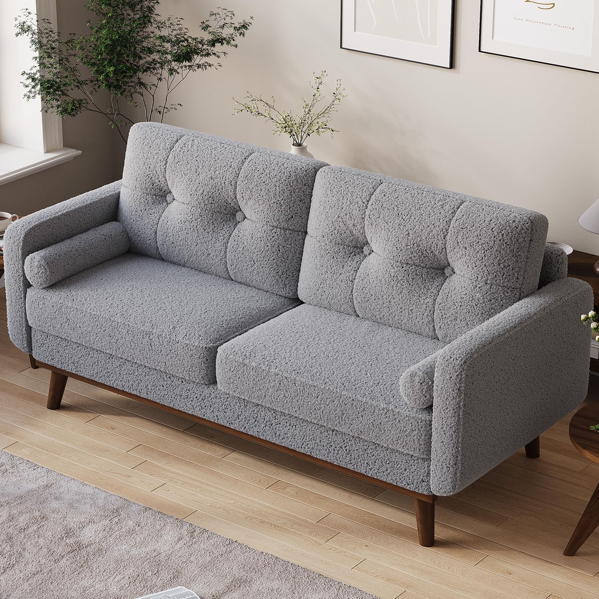IDEALHOUSE 65" Mid Century Modern Couch Sofa Loveseat, Comfy Love Seat Couches for Living Room, 2 Seater Teddy Fleece Boucle Upholstered Deep Seat Couch for Bedroom Office Small Space, Gray