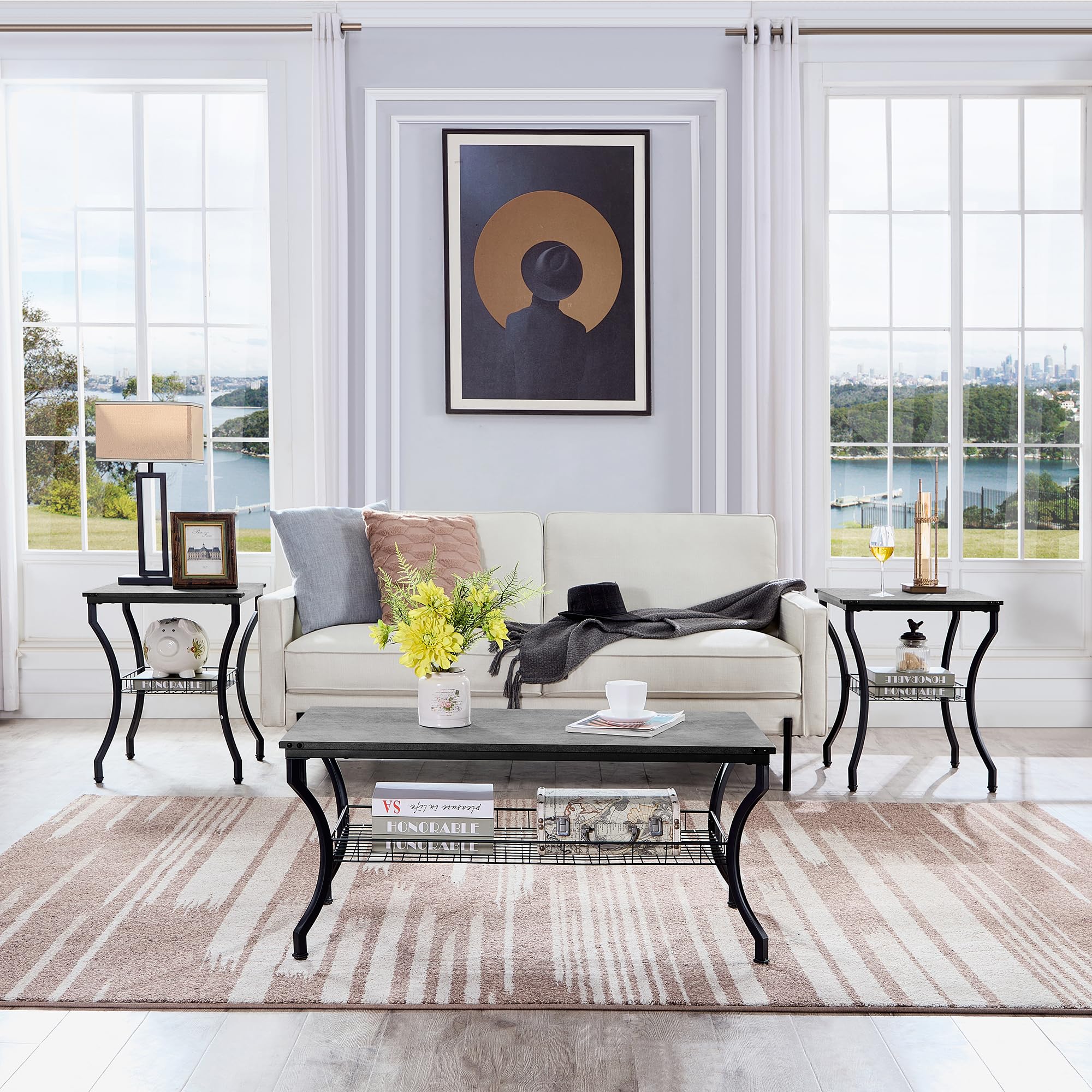 3-Piece Coffee & End Table Set with Storage Shelves