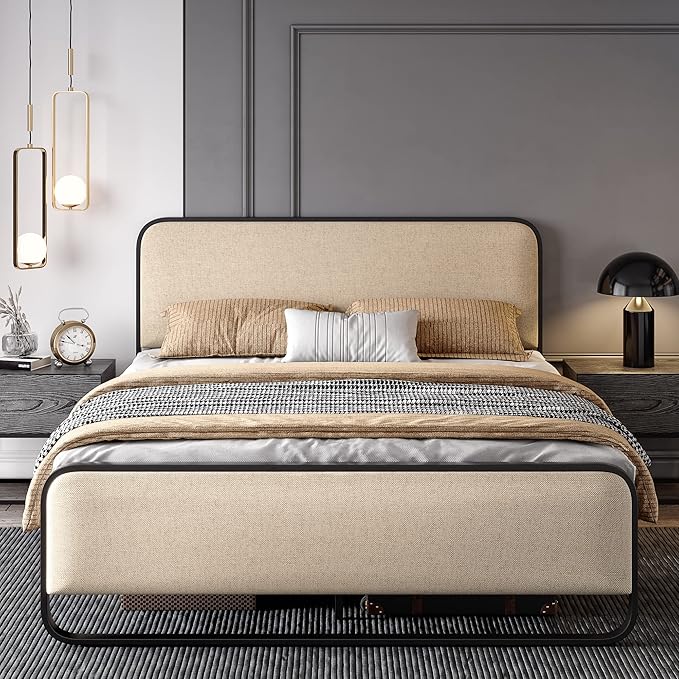 Upholstered Platform Bed Frame with Curved Headboard & Footboard