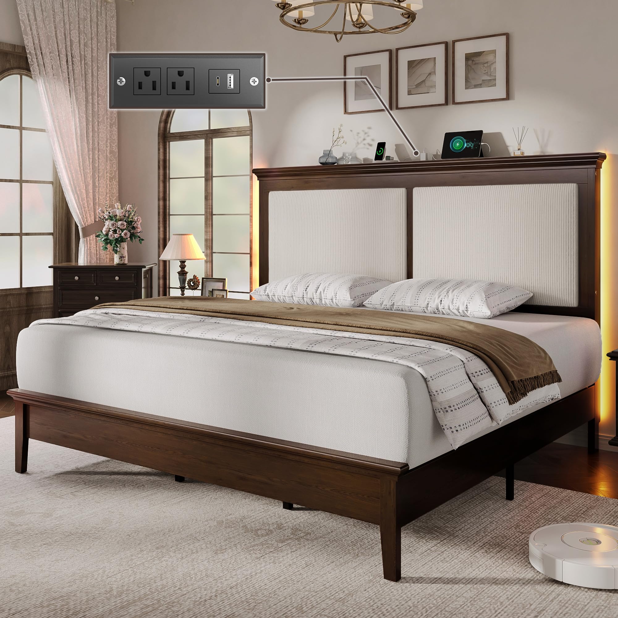 Lifezone Queen Bed Frame with Headboard, Solid Wood Bed Frame Queen Size with Charging Station & RGB LED, Wood Slats Support, Noise-Free, Sturdy Structure, Easy Assembly, Walnut