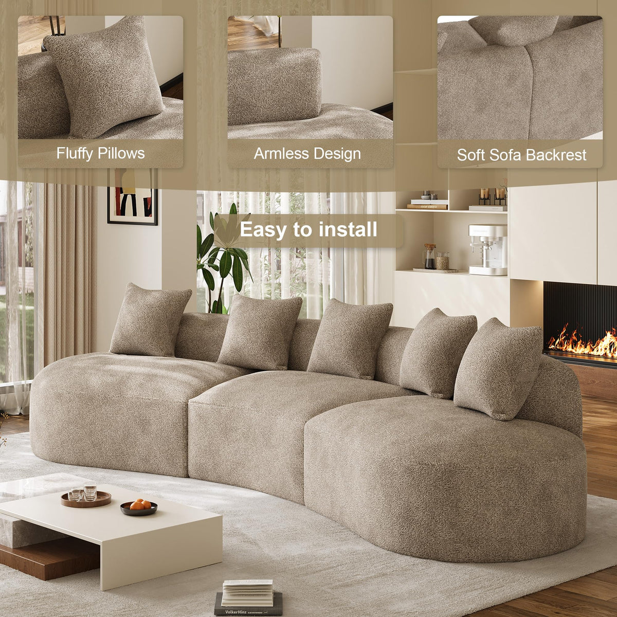 ONEMMLION 134" Modern Curved Sectional Sofas for Living Room, Brown