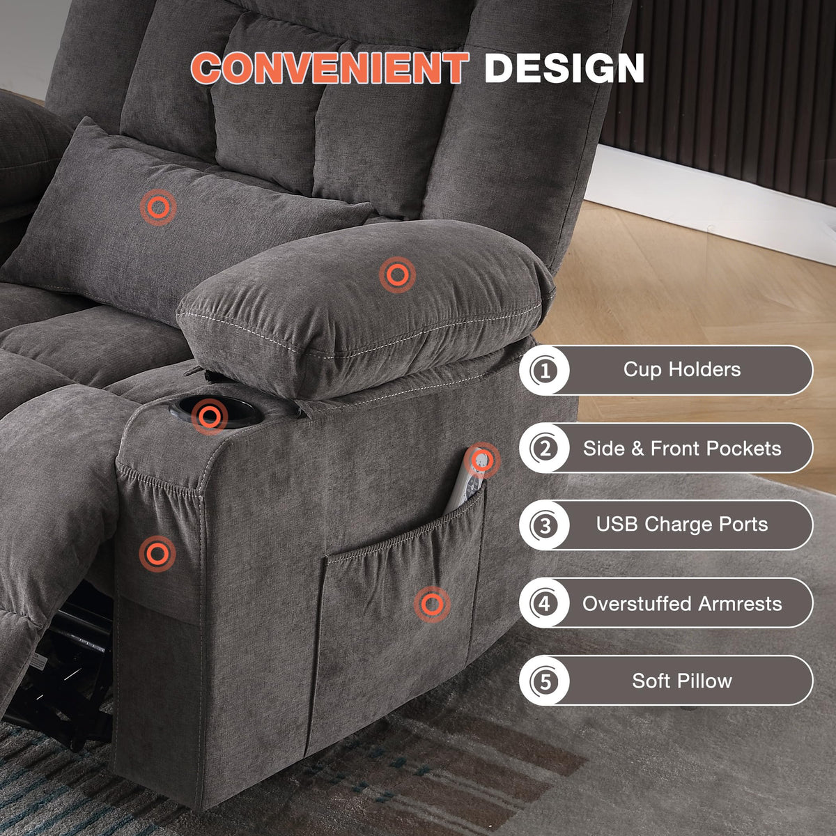 Manual Swivel Rocking Recliner Chair with 8-Zone Massage & Lumbar Heat