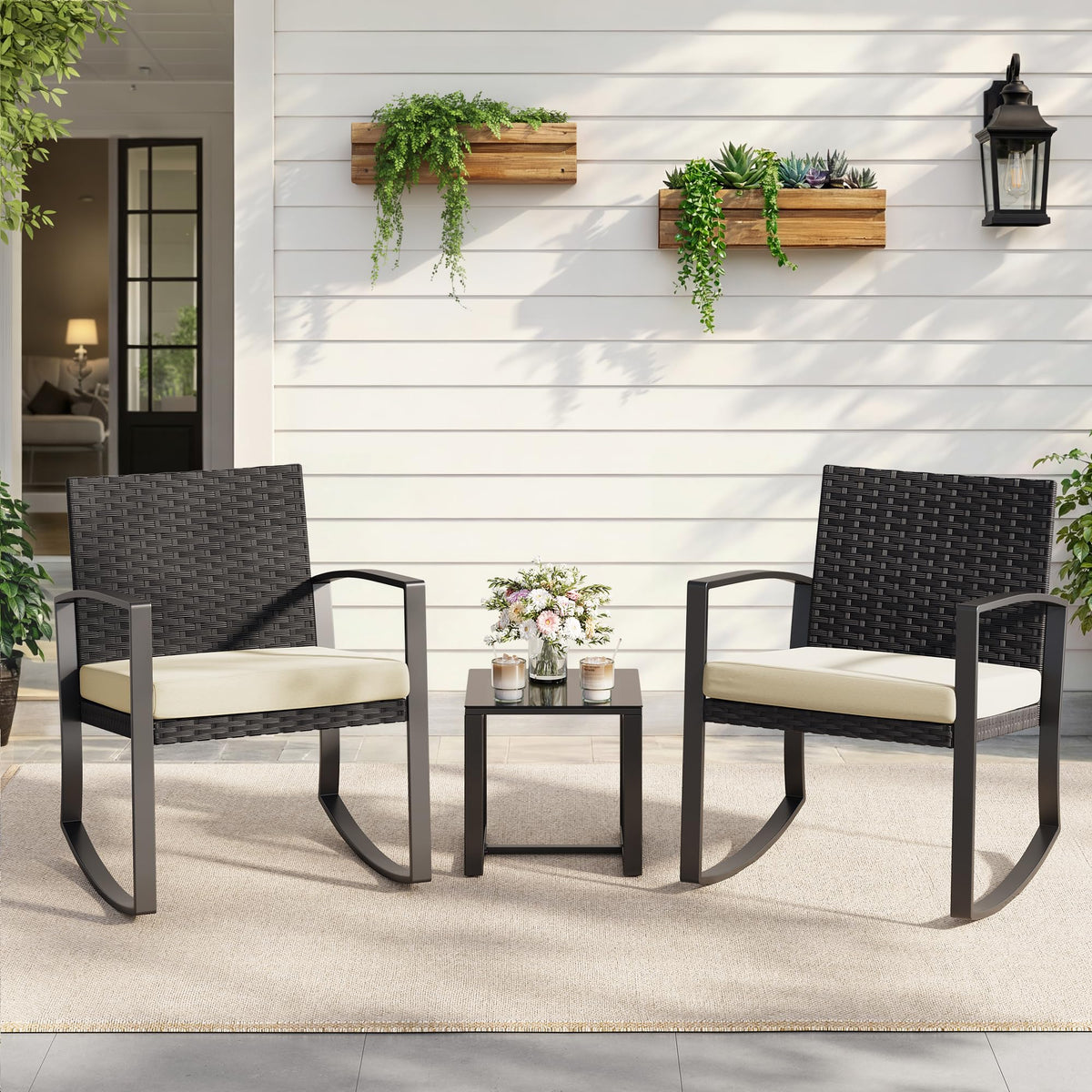 Qsun 3 Pieces Porch Furniture Set Patio Rocking Bistro Set Outdoor Patio Chairs Rattan Conversation Sets with Coffee Table for Front Porch Garden Balcony Backyard Poolside (Beige Cushion)