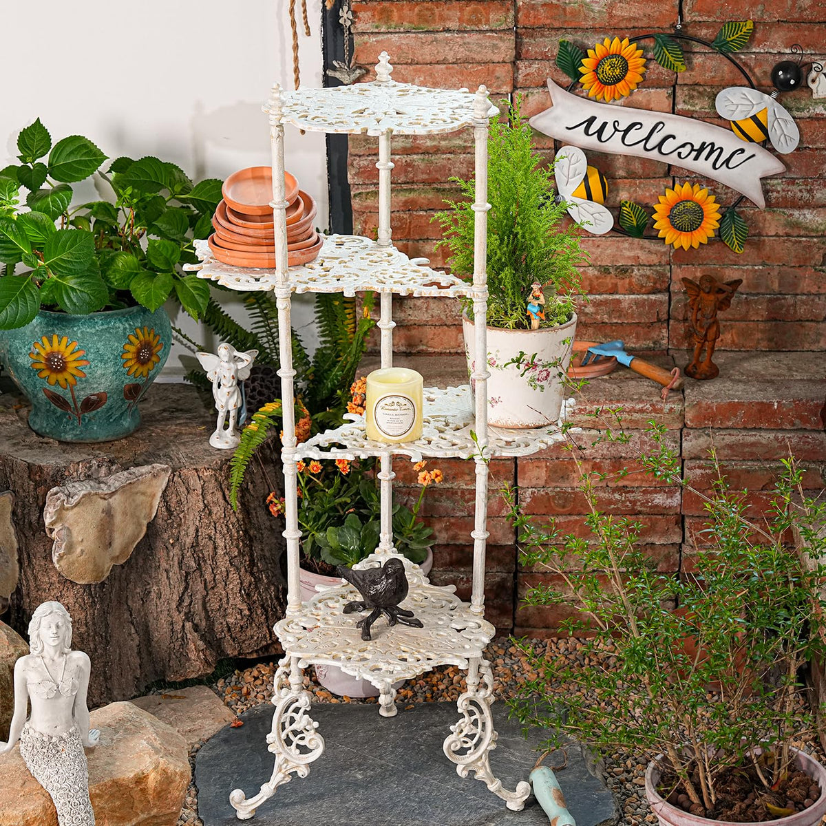 Sungmor Vintage Cast Iron 4-Tier Plant Stand, 36 Inch Tall, Antique White