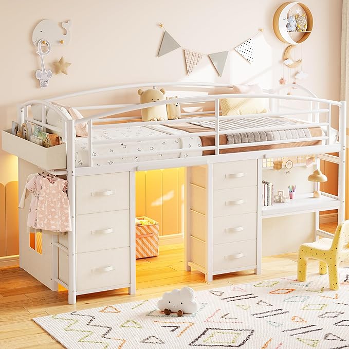 Kids Twin Loft Bed with Desk, Drawers & LED Lights