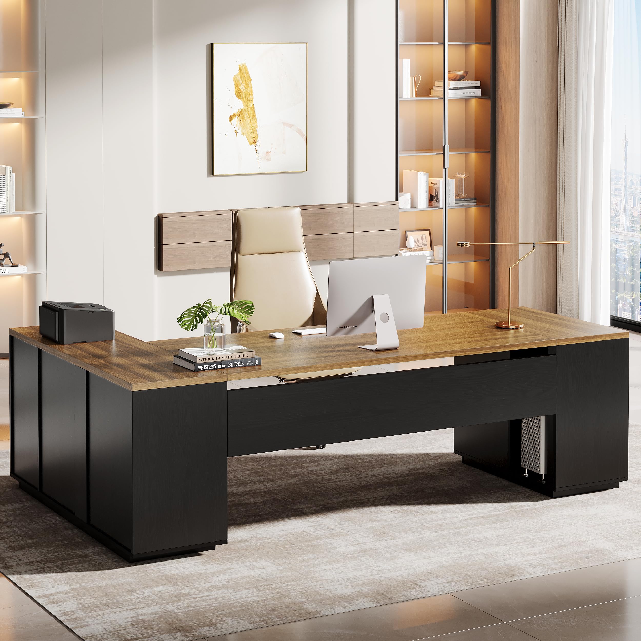 Tribesigns 85.8-Inch L-Shaped Executive Desk, Extra Large Modern Office Desk with File Drawers, Door Cabinet & Shelves, Commercial Office Table, Home Business Workstation, Brown & Black