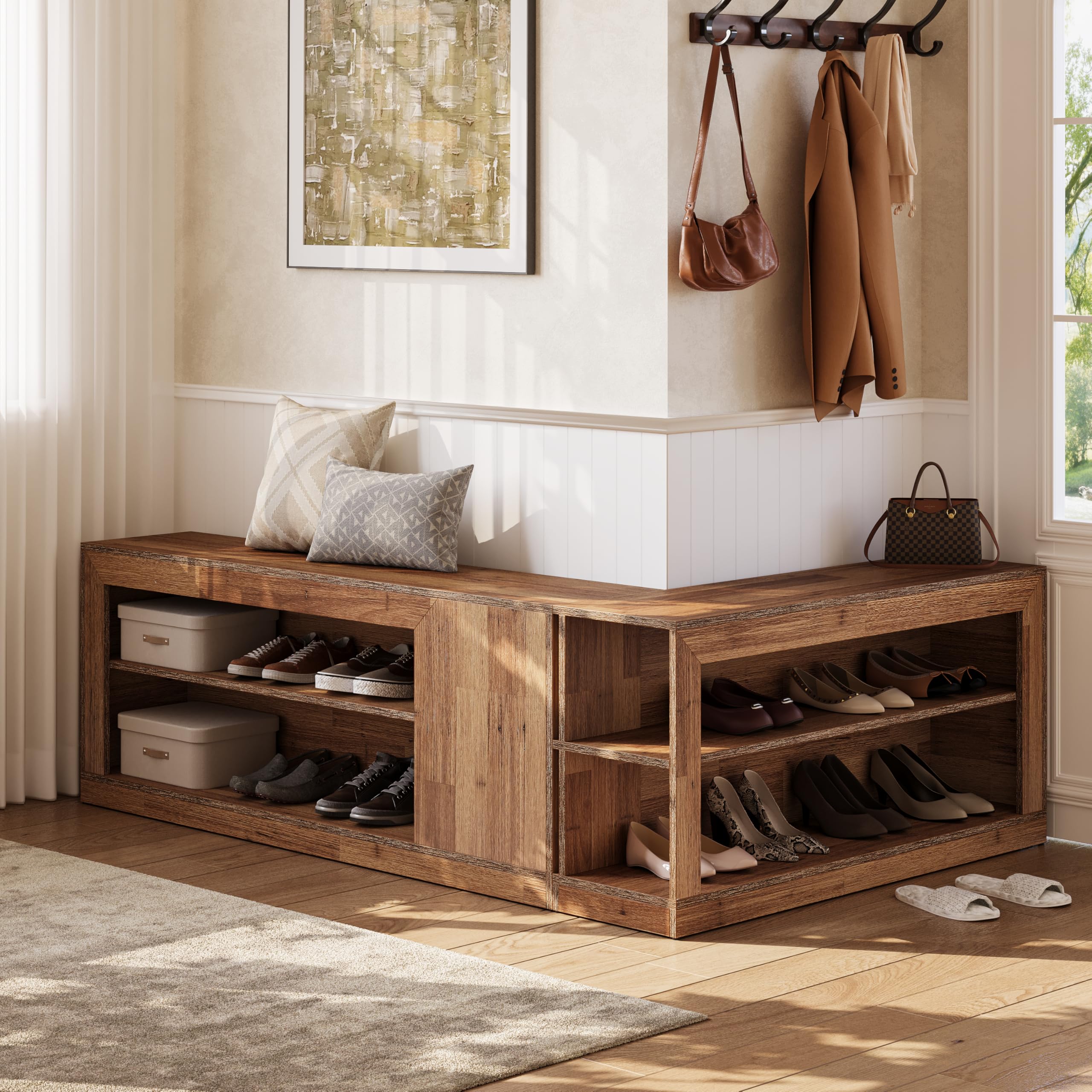 L-Shaped Corner Shoe Bench with Open Storage Shelves