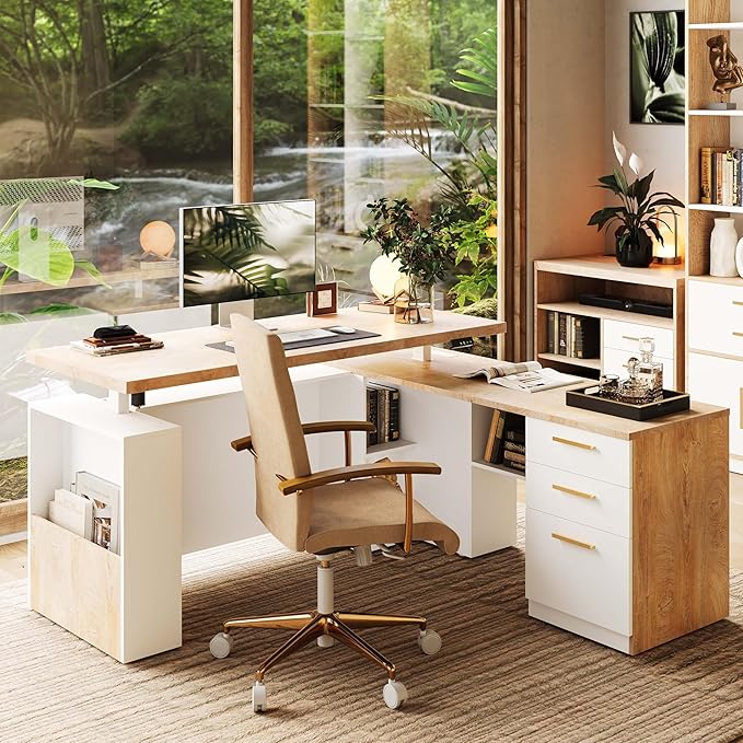L-Shaped Electric Standing Desk with File Cabinet
