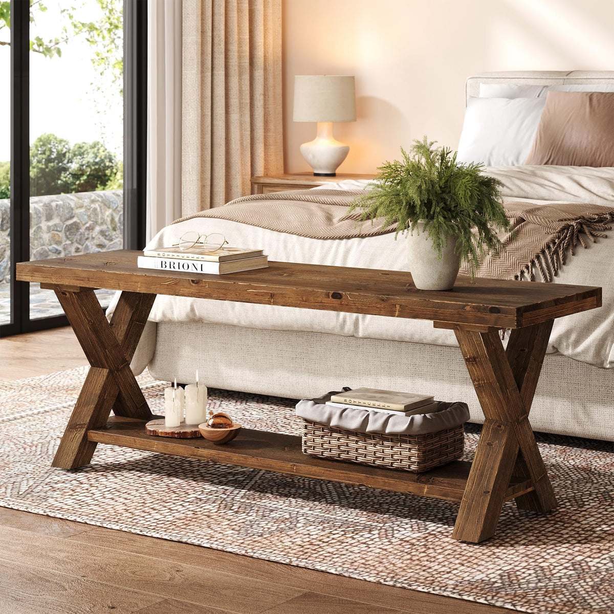 TRIBEWOOD 43.3" Solid Wood Bench, Farmhouse Wooden Entryway Bench with Storage Shelf, X-Shaped Leg Design, Entry Way Shoe Benches Seat for Hallway, Kitchen, Bedroom, Living Room